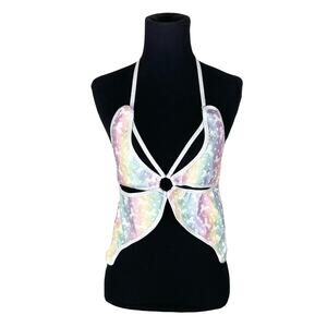 JANE NORMAN Top ~S Multicolor Pastel Unicorn Butterfly Tie-Up